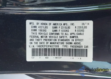 2015 Honda Accord Sport from USA, damaged, VIN 1HGCR2F53FA027599